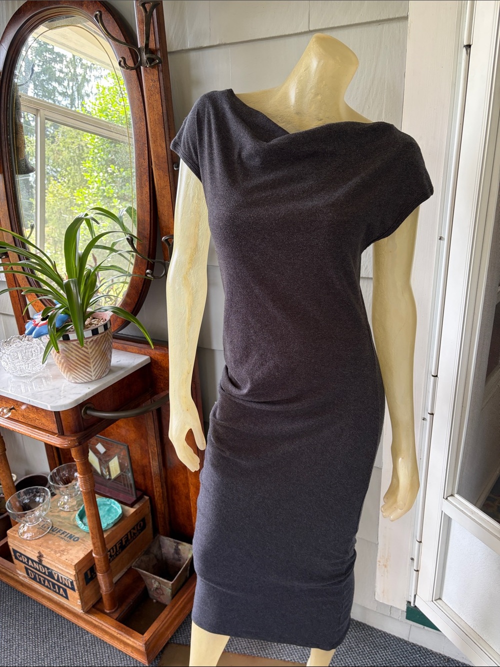 James Perse Draped Cowl Neck Midi Ruched Charcoal Dress